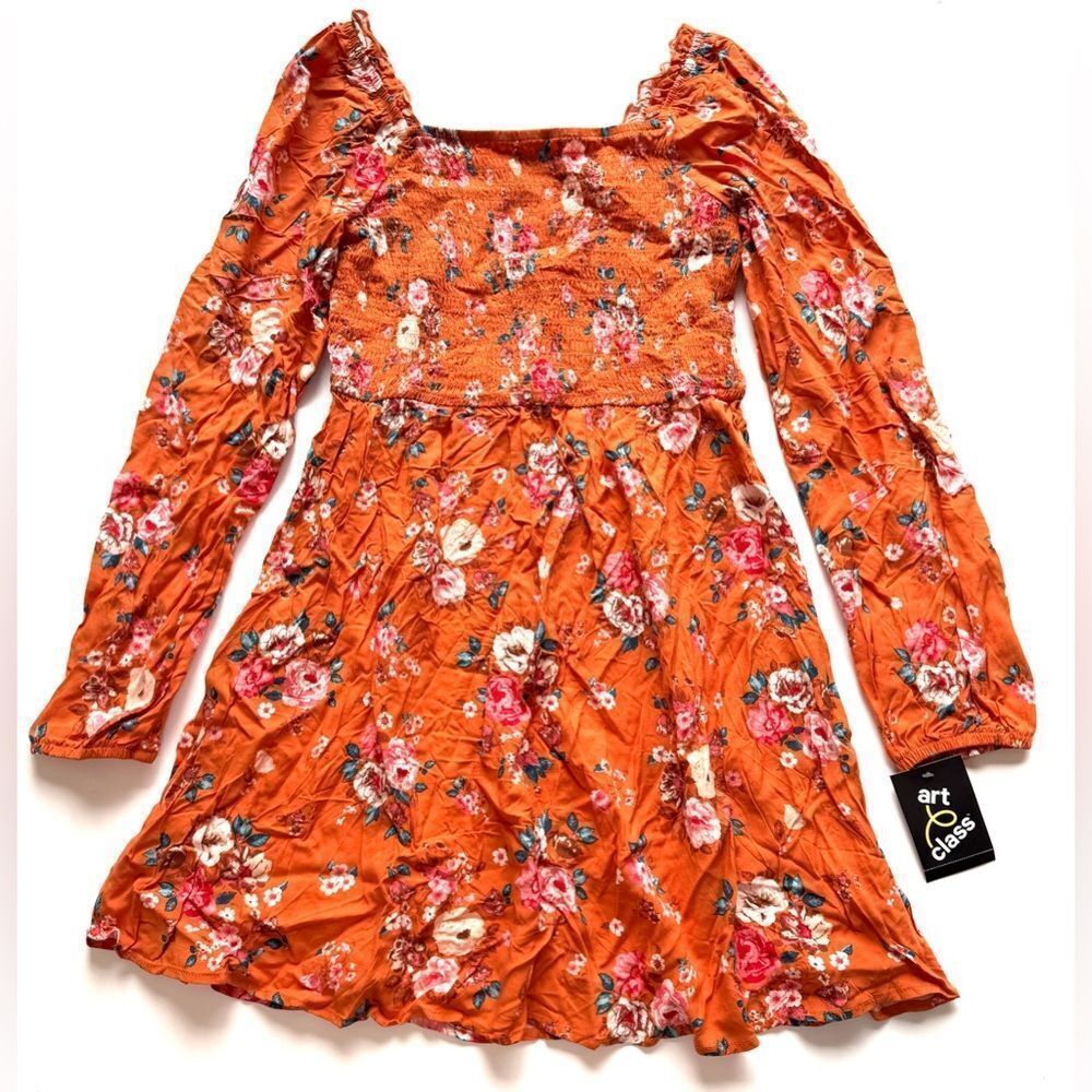 Art Class Girls Sweet Potato Orange Floral Dress Size XL (14/16)